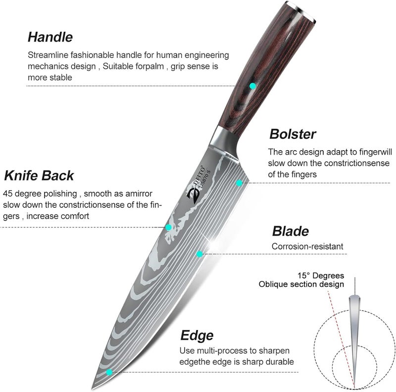 Dfito Chef Knife Sets with Roll Bag, 9 Pieces Professional Knife Set, High Carbon Stainless Steel Kitchen Chef Knife Set, Red Pakkawood Handle, Dishwasher Safe - Image 3